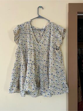 entro Yellow Floral Tiered Blouse with Blue and Green Accents